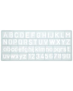 Sjabloon Westcott cijfers en letters 10mm hoog. 148X65mm, transparant sjabloon.