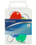 Porte-clés Westcott ass. 4pces dans une boîte en plastique. Avec étiquette interchangeable.