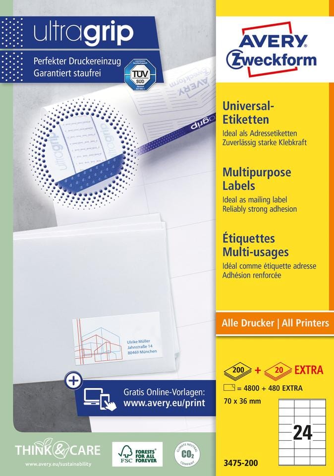 etiket Avery ILK 70x36mm 200 vel 24 etiketten per vel wit