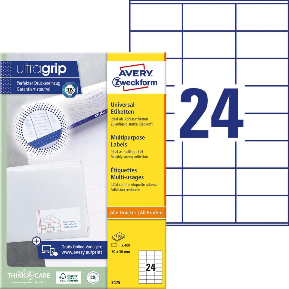 etiket Avery ILK 70x36mm 100 vel 24 etiketten per vel wit