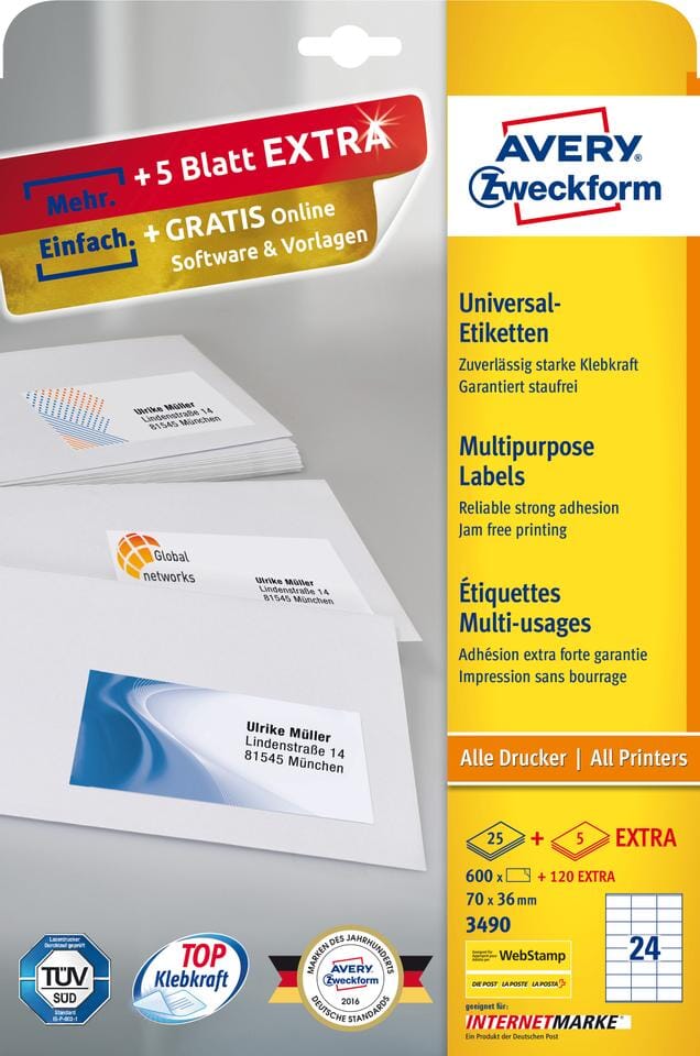 etiket Avery ILK 70x36mm 25 vel + 5 vel extra 24 etiketten per vel wit