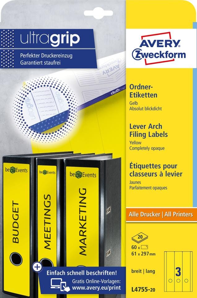 ordnerrugetiket Avery 297x61mm geel 20 vel 3 etiketten per vel