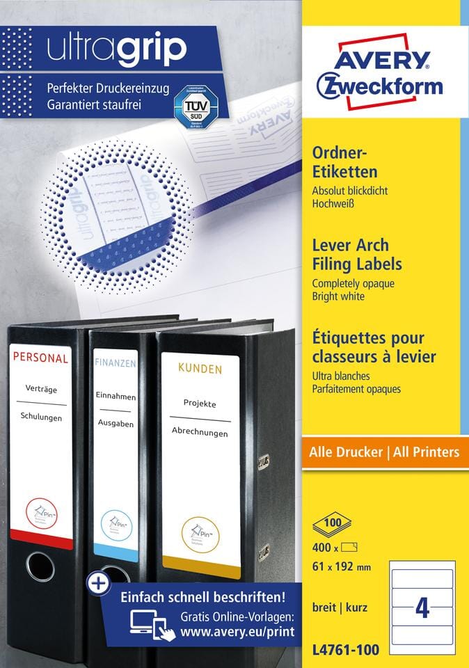 ordnerrugetiket Avery 192x61mm wit 100 vel 4 etiketten per vel