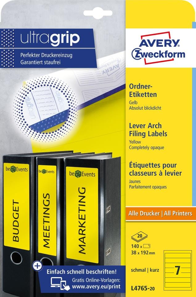 ordnerrugetiket Avery 192x38mm geel 20 vel 7 etiketten per vel
