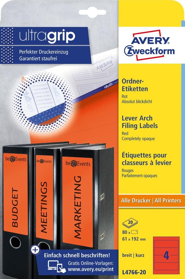 ordnerrugetiket Avery 192x61mm rood 20 vel 4 etiketten per vel