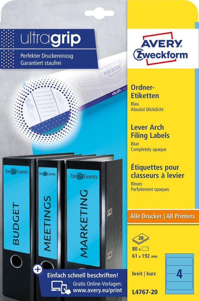 ordnerrugetiket Avery 192x61mm blauw 20 vel 4 etiketten per vel