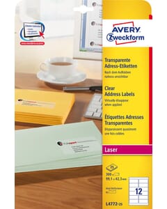 laseretiket Avery 99,1x42,3mm transparant 25 vel 12 etiketten per vel
