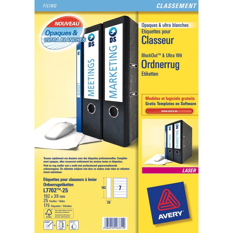 ordnerrugetiket Avery 192x39mm wit 25 vel 7 etiketten per vel