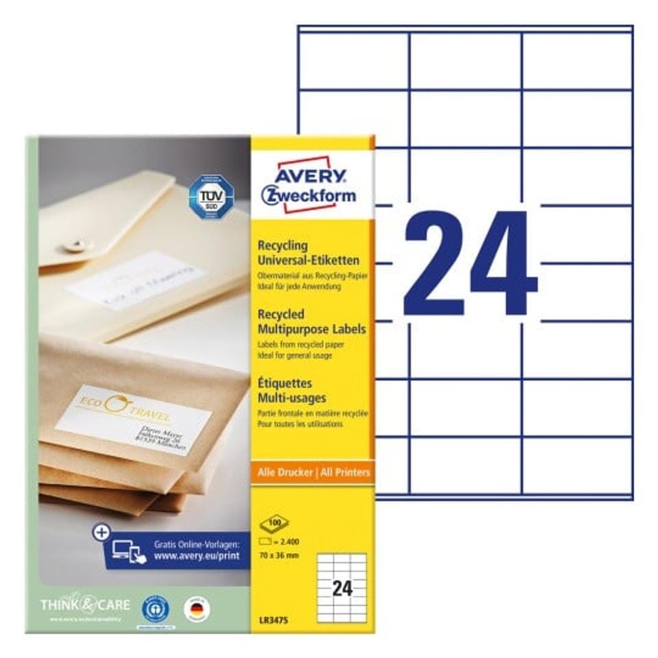 etiket Avery ILK 70x36mm recycled 100 vel 24 etiketten per vel wit