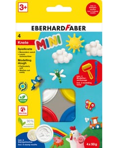 Pâte à modeler Eberhard Faber set de base de 4 godets de 50gr. Blanc, jaune, rouge et bleu avec rouleau et spatule