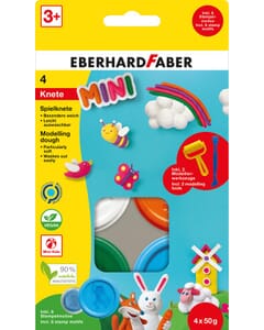 Pâte à modeler pour enfants Eberhard Faber set de base de 4 gobelets á 50gr. Blanc, orange, vert et bleu avec rouleau et spatule