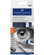 Set graphite Faber-Castell Goldfaber 8 pièces : 6x crayons graphite (2H,HB B,2B,4B,6B) 1x taille-crayon, gomme anti-poussière