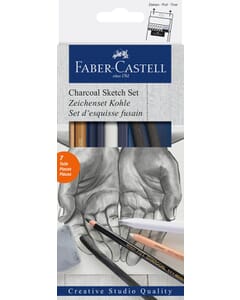 Set de fusains Faber-Castell 7 pièces : 1x fusain préssé, 1x crayon HK, 2x feutres HK, 1x estompeur, 1x gomme gris,