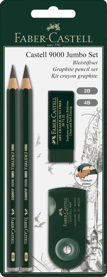 Potloodset Faber-Castell 9000 Jumbo 2B, 4B, gum, en sljiper