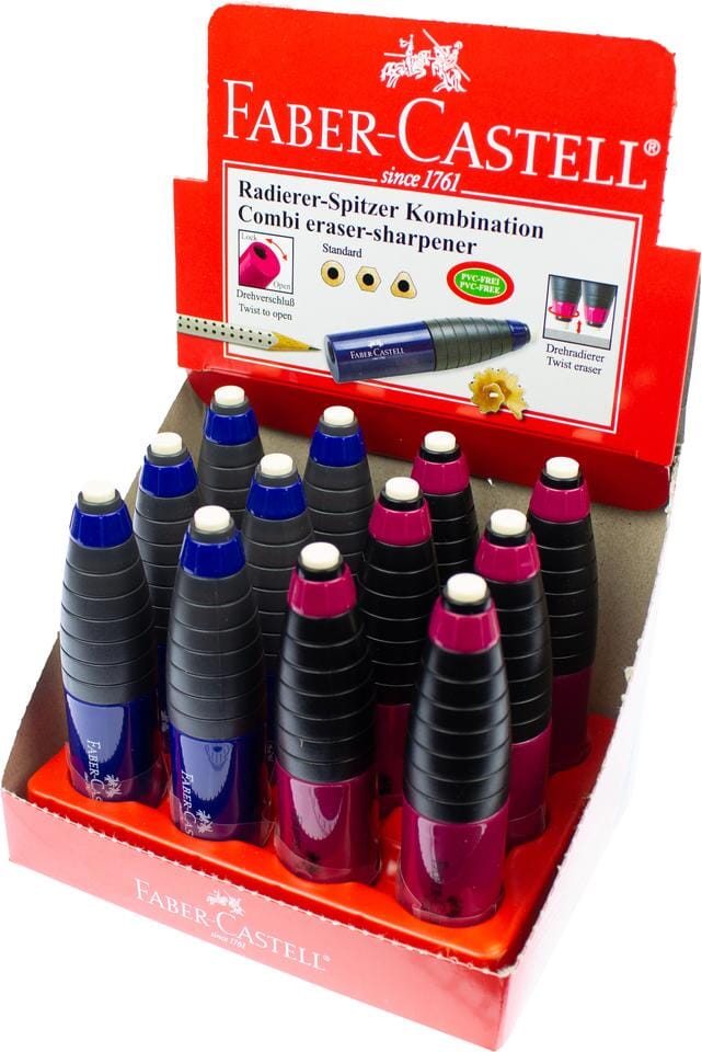 gum/potloodslijper Faber-Castell Combi rood/blauw display a 12 stuks