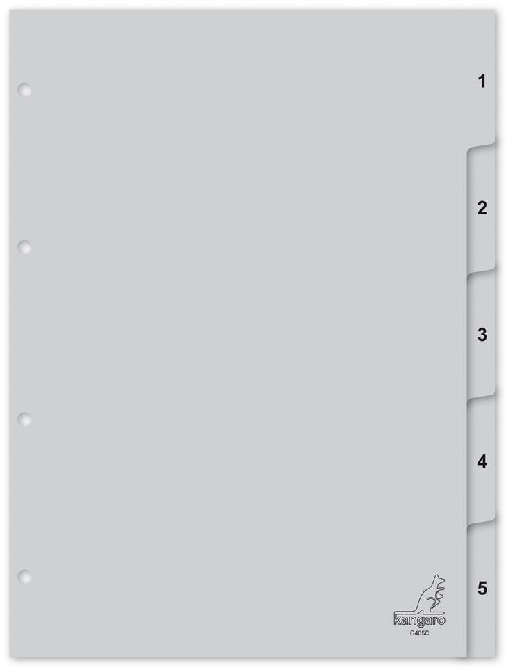 Tabblad Kangaro A4 cijfers PP 120 micron grijs 4-gaats 5-delig