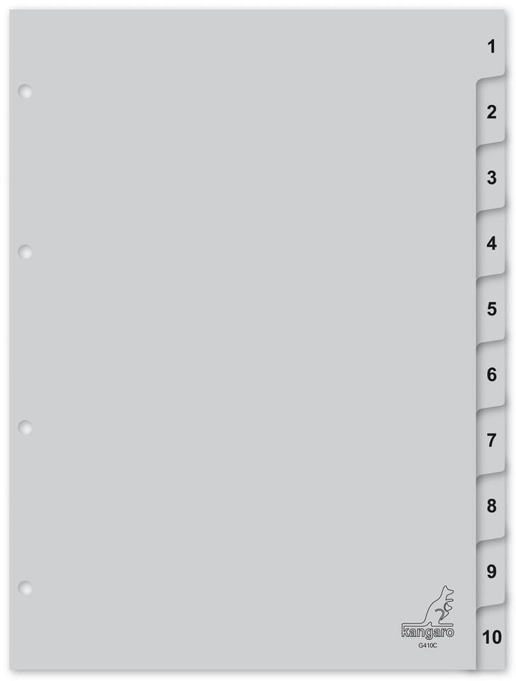 Tabblad Kangaro A4 cijfers PP 120 micron grijs 4-gaats 10-delig