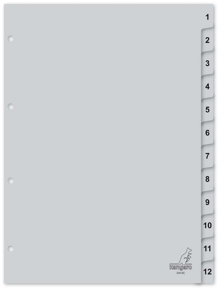 Tabblad Kangaro A4 cijfers PP 120 micron grijs 4-gaats 12-delig