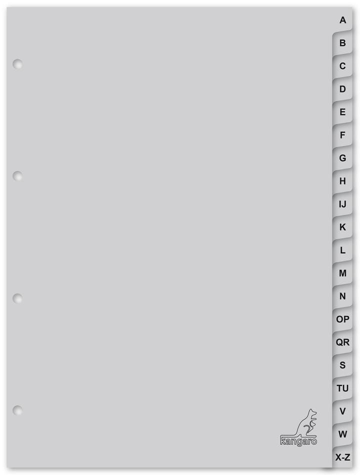 Tabblad Kangaro A4 letters PP 120 micron grijs 4-gaats 20-delig A-Z