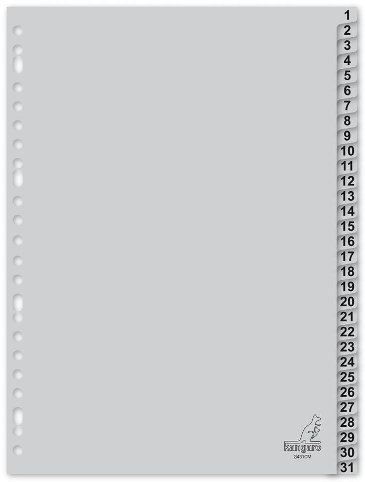 Tabblad Kangaro A4 cijfers PP 120 micron grijs 23-gaats 31-delig