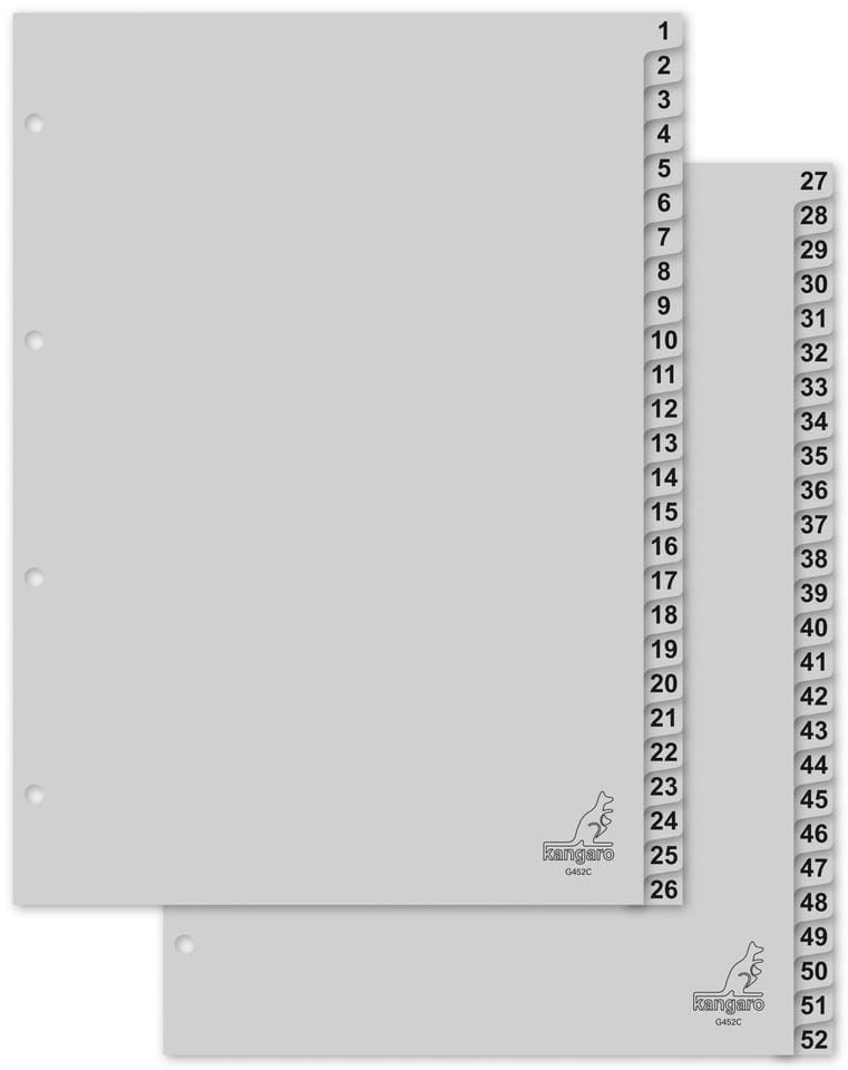Tabblad Kangaro A4 cijfers PP 120 micron grijs 4-gaats 52-delig