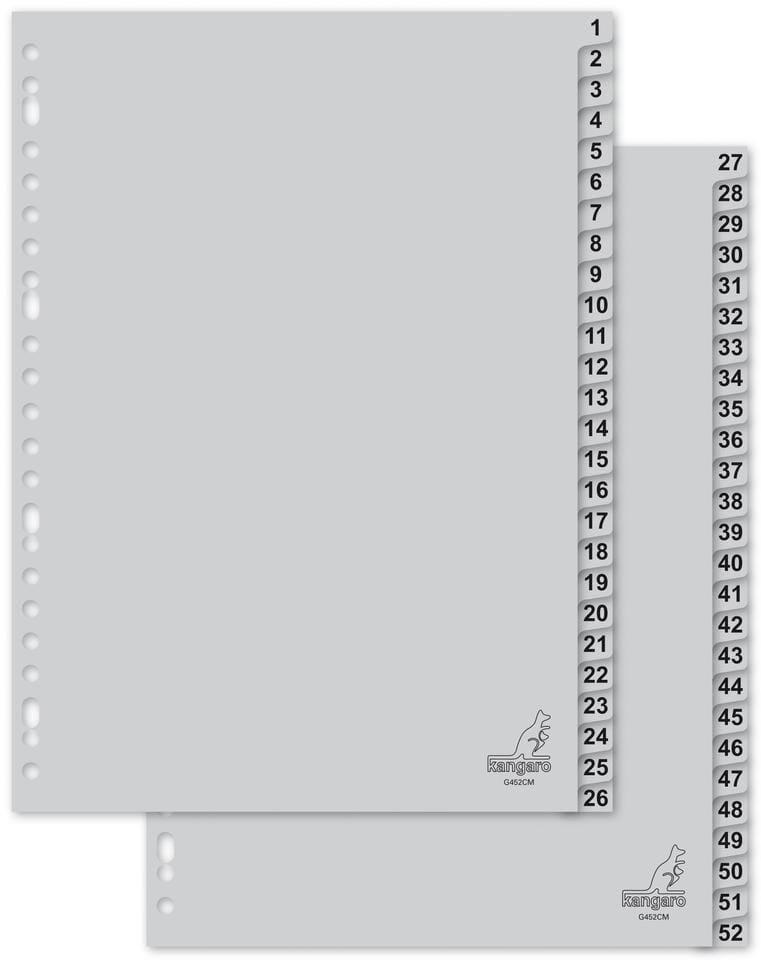 Tabblad Kangaro A4 cijfers PP 120 micron grijs 23-gaats 52-delig