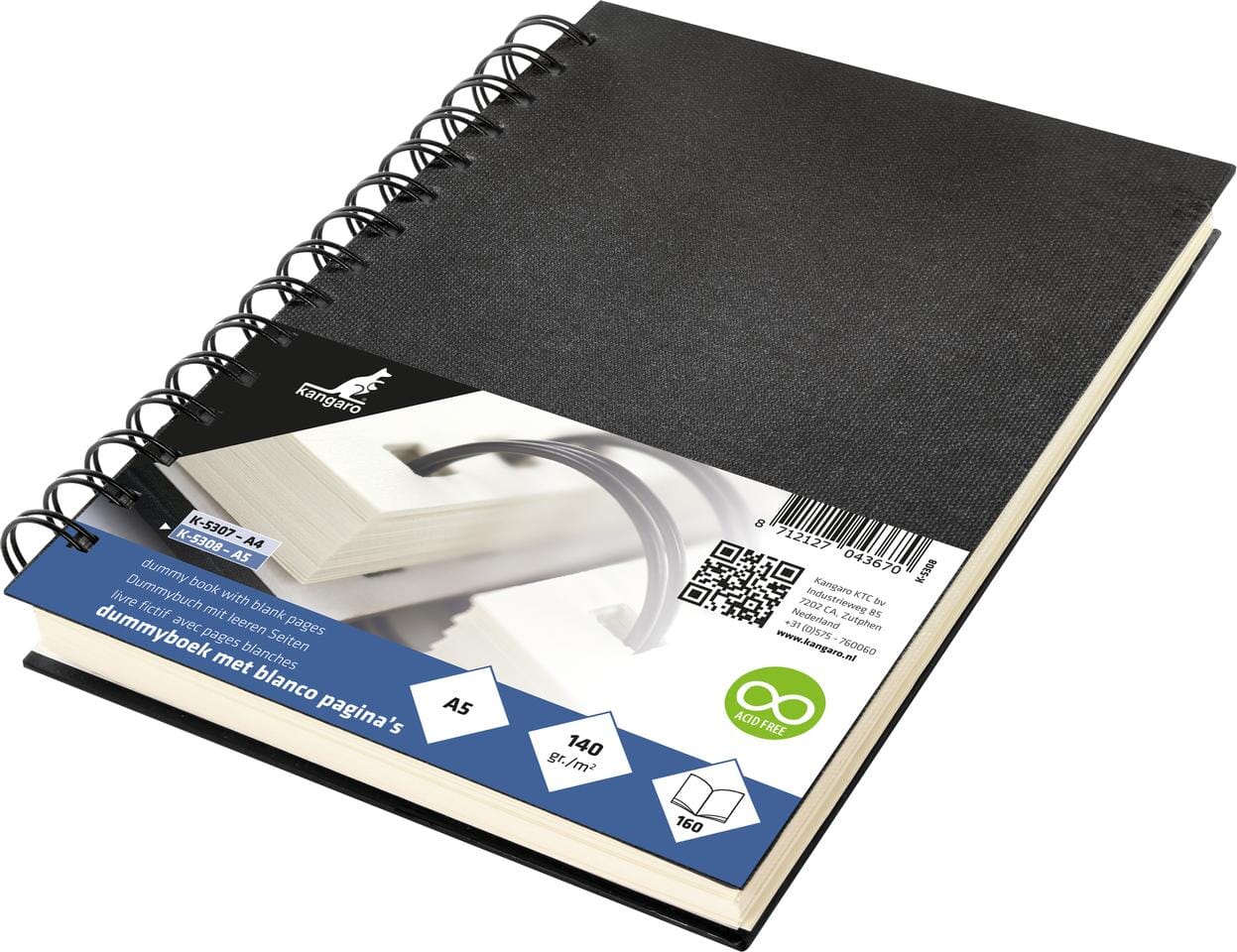 Dummyboek Kangaro A5 blanco 80 vel, wire-o, zwart linnen kaft