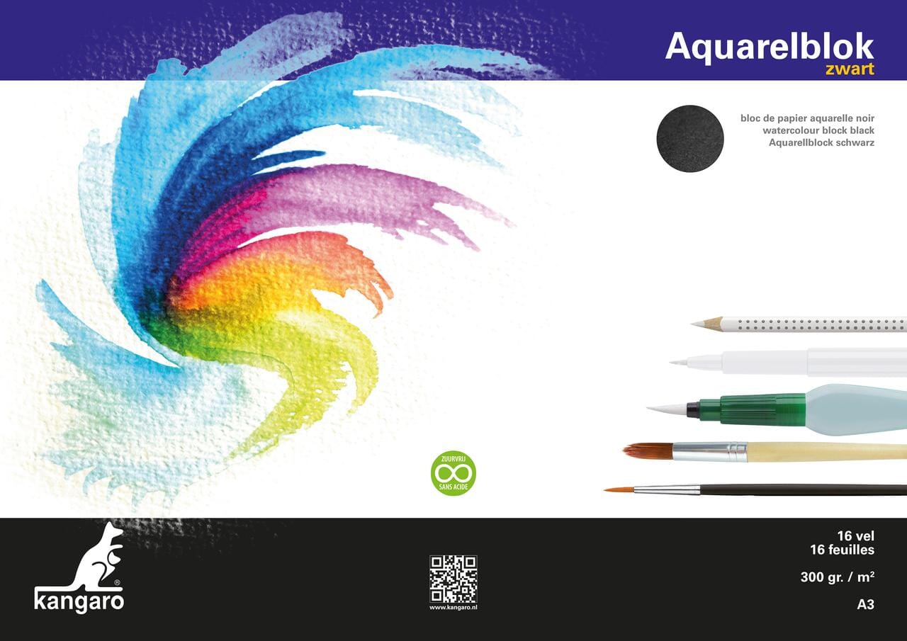 Aquarelpapier Kangaro blok A3 300 gram 16 vel zwart, 3 zijden verlijmd