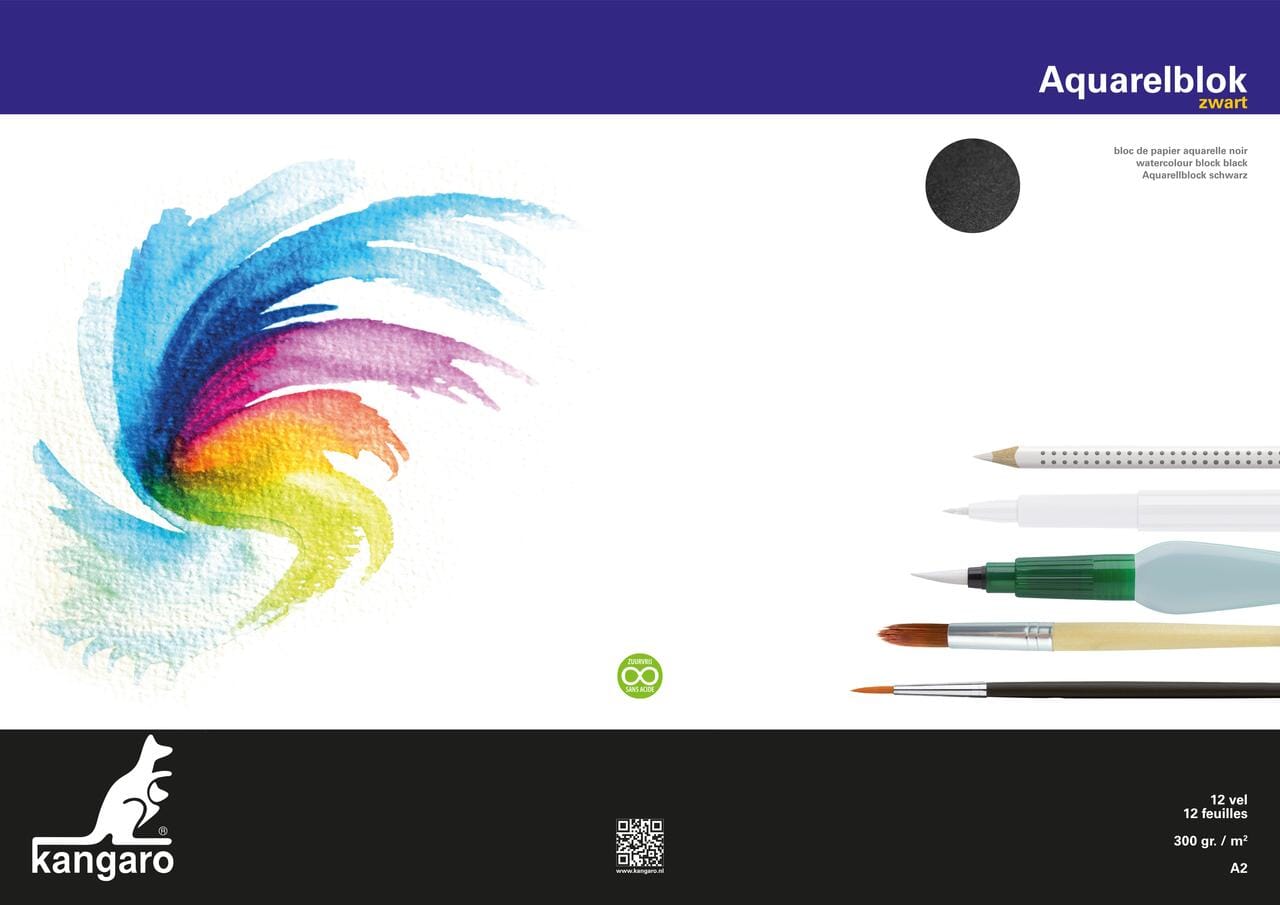 Aquarelpapier Kangaro blok A2 300 gram 12 vel zwart, 3 zijden verlijmd