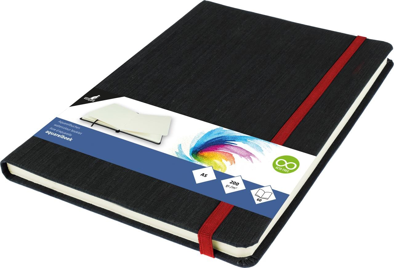 Aquarelboek Kangaro A5 luxe cover 30 vel 200 grams aquarel papier. Leeslint en elastiek.