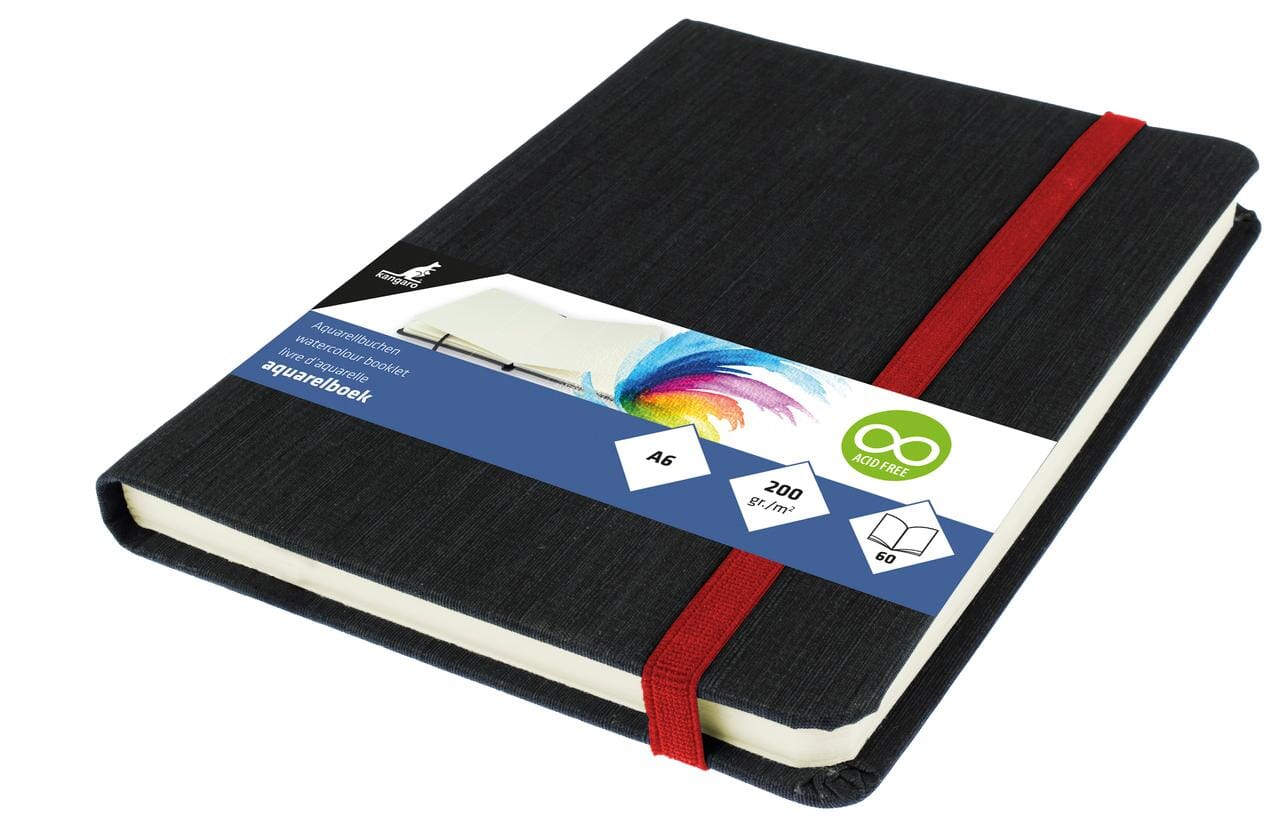 Aquarelboek Kangaro A6 luxe cover 30 vel 200 grams aquarel papier. Leeslint en elastiek.