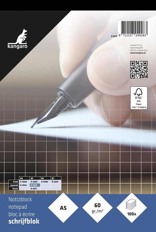 Schrijfblok Kangaro A5 ruit 5mm 60 grams 100 blad