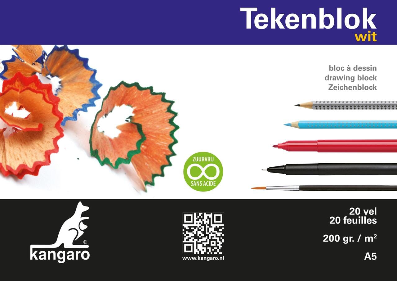 Tekenblok Kangaro A5 200 grams 20 vel, wit zuurvrij, 1 zijdig gelijmd
