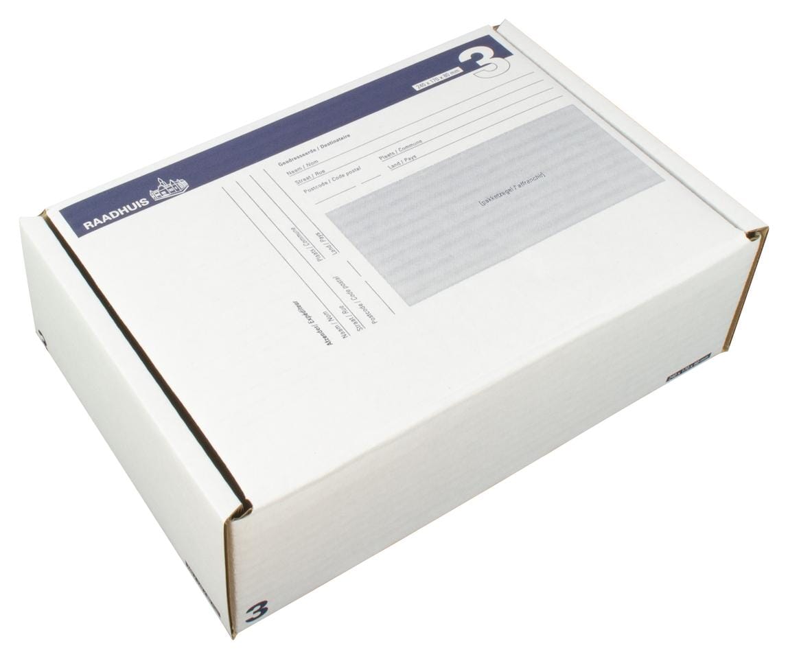 Postpakketdoos 3 Raadhuis 240x170x80mm bedrukt 5 stuks