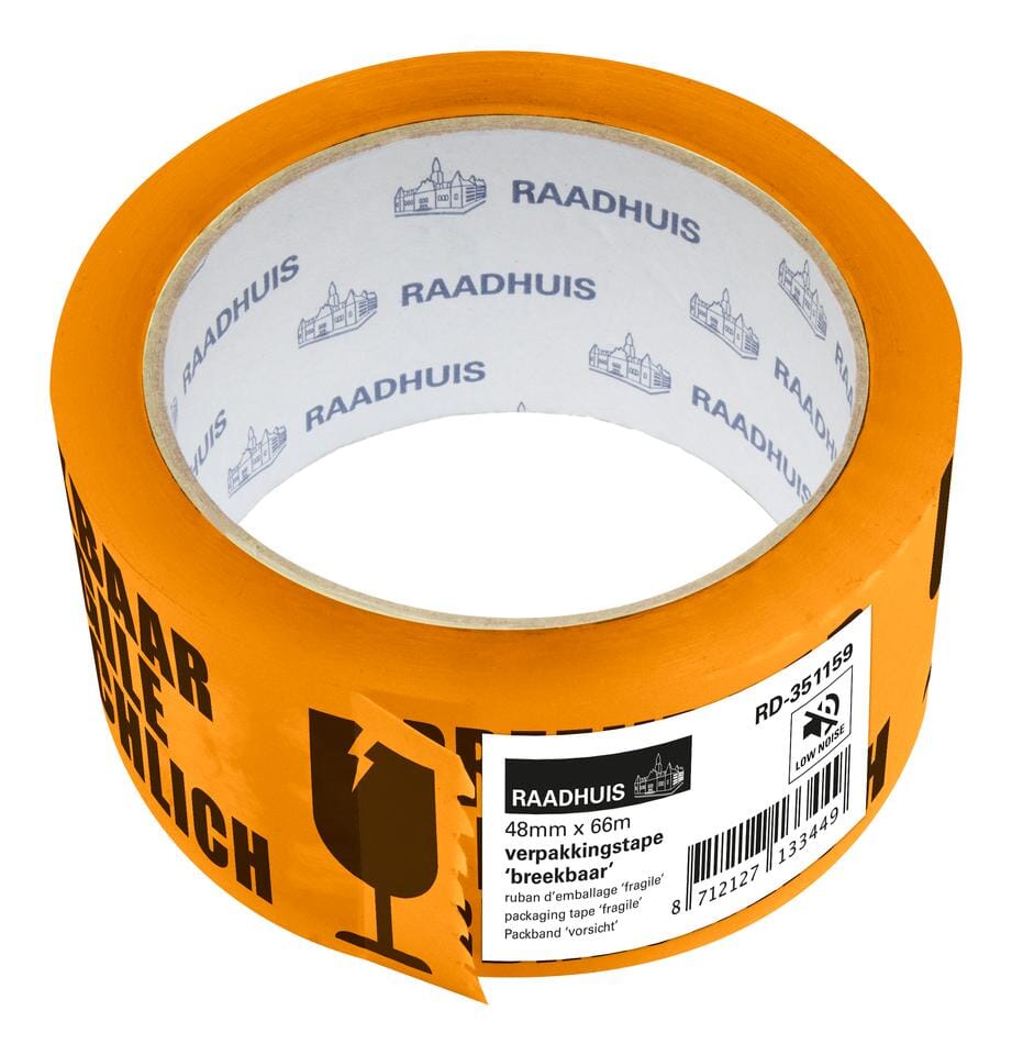Verpakkingstape Raadhuis 48mmx66m oranje breekbaar
