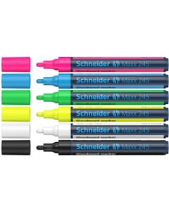 Marker Schneider Maxx 245 6st. in etui. Zwart, wit, geel, groen, blauw, roze