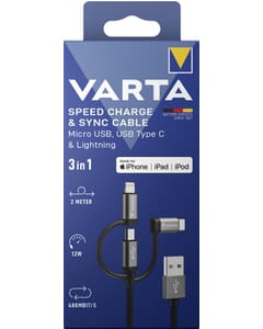 Oplaadkabel Varta 3 in 1 USB A naar USB C, lightning en micro